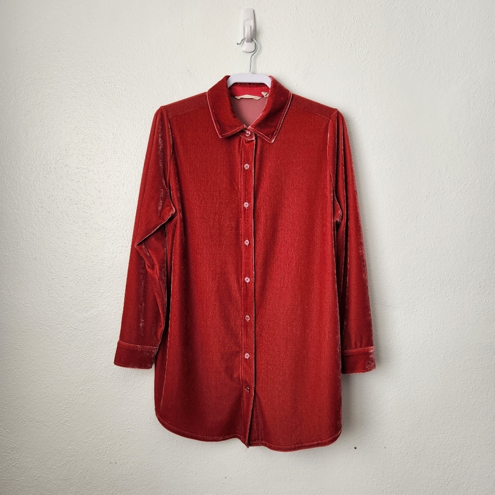Soft Surroundings Stretchy Velvet Long Sleeve Tunic Button Front Size Small